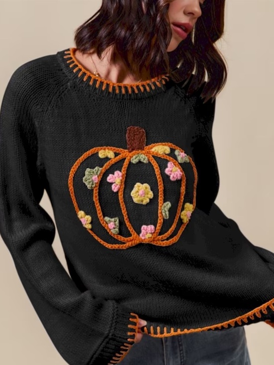 So Me Sweaters - SM1058–So-ME Pumpkin Embroidered Black Sweater